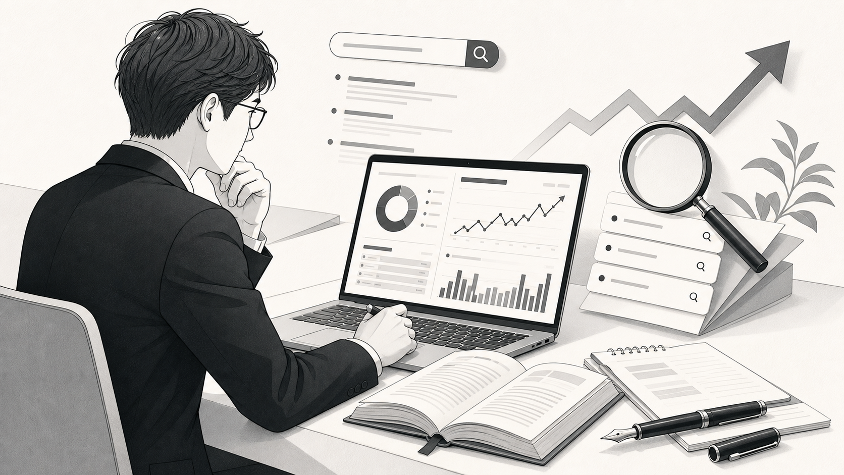 検索データと記事設計を確認するSEO分析のイラスト